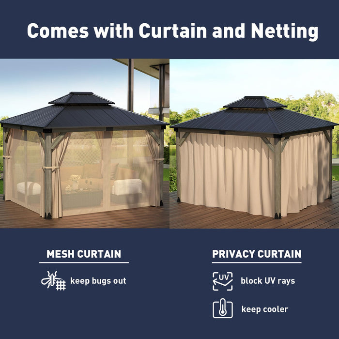 SUNBURY 10'x12' Outdoor Cedar Wood Gazebo, 2-Tier Metal Hardtop Wooden Frame Gazebo for Patio with Privacy Curtains and Mosquito Nettings for Gardens, Lawns, Backyard, Poolside (Grey Frame)