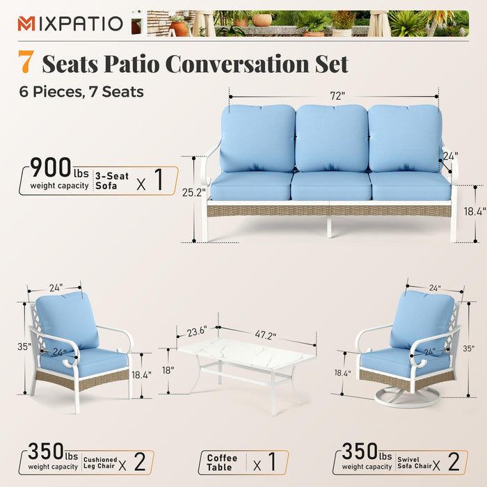 MIXPATIO 6 Piece Patio Furniture Set, 2 x Fixed Chair, 2 x Swivel Chair, 1 x 3-Seat Sofa with Marbling Coffee Table, All Cushioned 7 Seats Outdoor Conversation Set for Lawn Garden Backyard, Blue