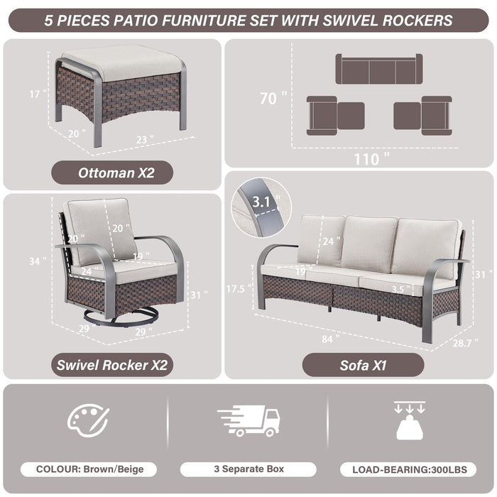 Belord 5-Piece Outdoor Patio Furniture Set All-Weather Wicker Couch with Swivel Rocker Outdoor Chairs and Multi-Functional Ottomans, Patio Conversation Set for Backyard Garden Balcony