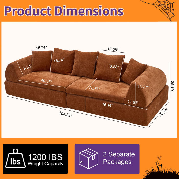 HUIVOME 104" Curved Boneless Couch, 5 Pillows, No Assembly Required, Orange