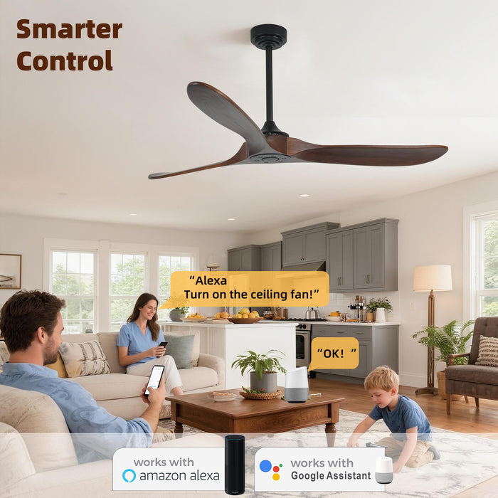 Homlit Outdoor Ceiling Fan Without Light, 60 Inch Smart Ceiling Fan with Remote & Voice Control for Alexa/Google, 3-Blade Wood Fan, Quiet DC Motor, 6 Speeds for Patio, Porch, Farmhouse, Dark Walnut