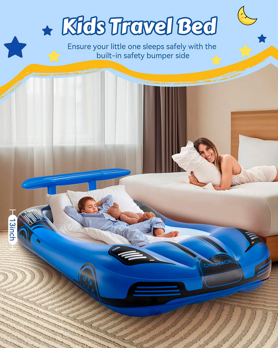 CHERIMOR Inflatable Toddler Travel Bed with Safety Bumpers, Portable Racecar Toddler Air Mattress with Electric Pump, Toddler Blow Up Mattress for Travel,Camping, Sleepovers&Vacation, Gift for Kids