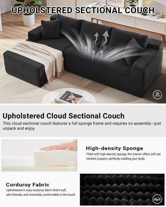 105 Inch Cloud Sectional Couch,Modern Modular Sectional Sofa with Deep Seat,Corduroy Boneless Couches with L-Shape Chaise for Living Room Bedroom,No Assembly Required (Black, Left Facing Chaise)