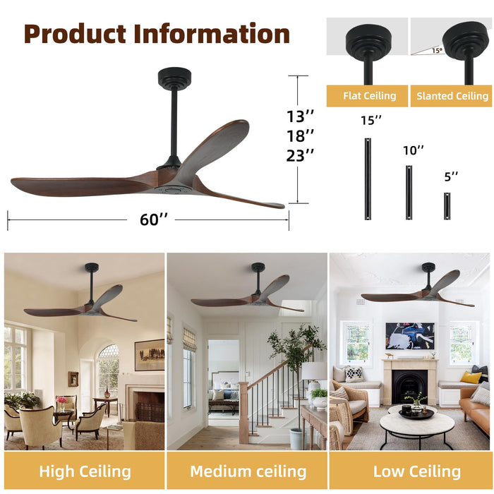 Homlit Outdoor Ceiling Fan Without Light, 60 Inch Smart Ceiling Fan with Remote & Voice Control for Alexa/Google, 3-Blade Wood Fan, Quiet DC Motor, 6 Speeds for Patio, Porch, Farmhouse, Dark Walnut