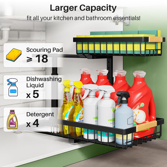 Under Sink Organizer, 2 Packs 2 Tier Under Sink Organizers and Storage, Slide out Pull out Cabinet Organizer Shelf, Metal Sliding Drawer for Kitchen Bathroom Pantry Cabinet Closet Organization Rack