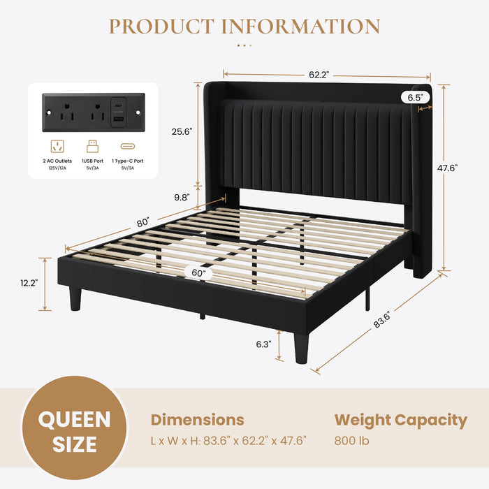 SHA CERLIN Queen Size Velvet Bed Frame with USB Charging Station, Wingback Storage Headboard, Upholstered Platform Bed with Wooden Slats Support, No Box Spring Needed, Easy Assembly, Black