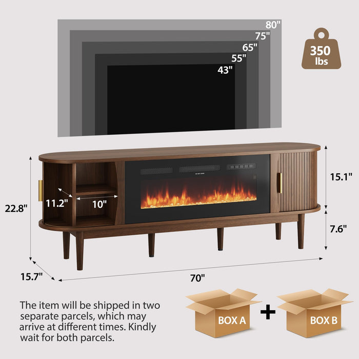 Decofy 70″ Fluted Fireplace TV Stand for 80″ TVs, Entertainment Center with Fluted Sliding Tambour Doors & Adjustable Shelves, Modern Media TV Console Table for Living Room(Walnut)