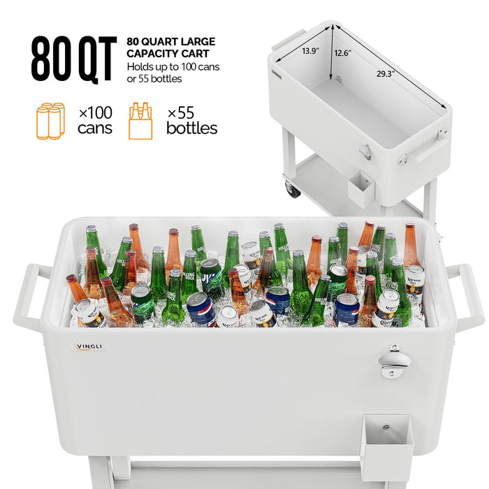 VINGLI 80 Quart Rolling Ice Chest, Portable Patio Party Bar Drink Cooler Cart, with Shelf, Beverage Pool with Bottle Opener (White)