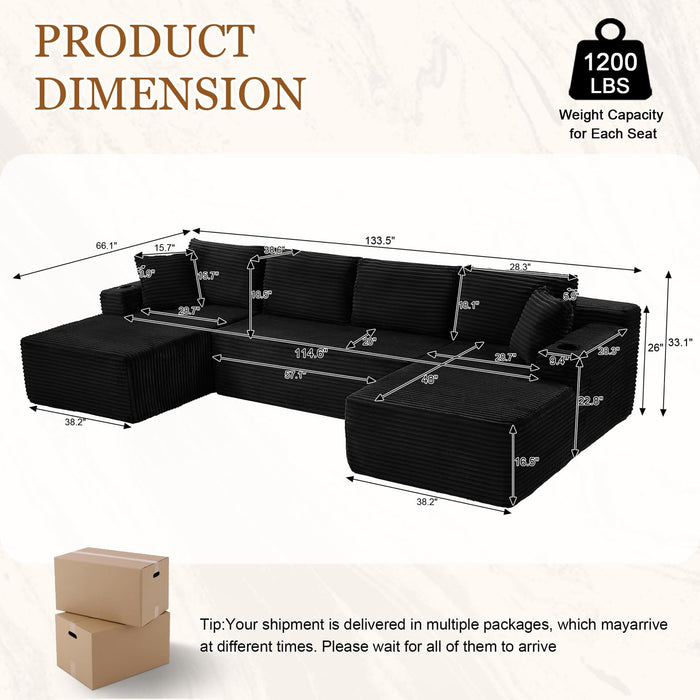 134 Inch Modular Sectional Sleeper Sofa, Boneless Cloud Couch for Living Room, U Shaped 5 Seat Sofa with 2 Storage Pockets& 2 Cup Holders, Free Combination, No Assembly Required (Black)