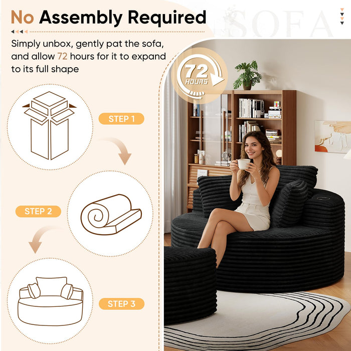 Oversized Round Chaise Longue Chair with Ottoman, Modern Corduroy Deep Seat Circle Single Cloud Boneless Floor Accent Chair w/Cup Holders for Living Room, Bedroom Apartment, 55" W * 74.6" D, Black