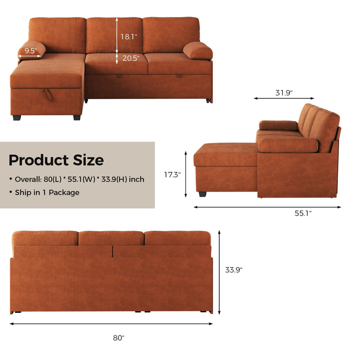 COPIAE 80 inch Convertible Sectional Sofa, L-Shaped Sofa Sleeper with Reversible Chaise,Couch Bed with Storage,Removable Armrest,Modern Pull Out Bed for Living Room Bedroom,Corduroy Rust