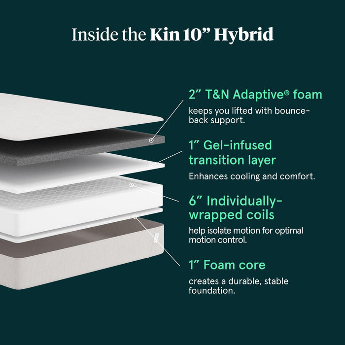 Tuft & Needle Kin Medium 10" Hybrid Full Adaptive Foam Mattress in a Box, Cooling Pressure Relief, Balanced Support, 100 Night Trial, Fiberglass-Free, CertiPUR-US, 10-Year Limited Warranty