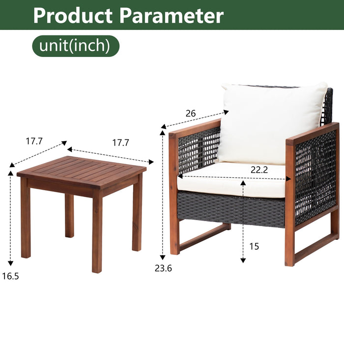 3 Pieces Patio Set Wicker Patio Furniture Acacia Wood Outdoor Patio Furniture Set Rattan Chair Conversation Sets Bistro Set with Coffee Table and Water Resistant Cushions(Khaki)