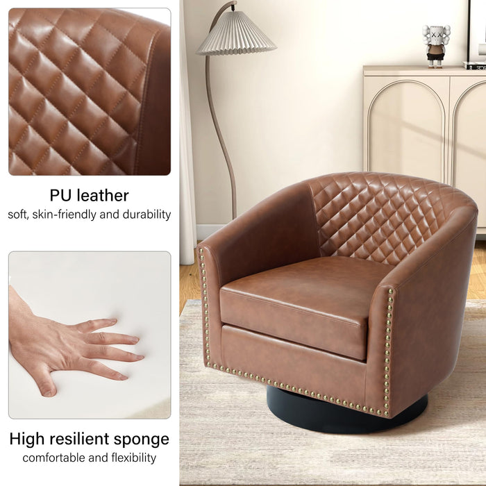 DREAMSIDEA Swivel Barrel Accent Chair, Comfy Modern Upholstered Round Faux Leather Arm Chair for Living Room, Bedroom（Brown, Set of 2