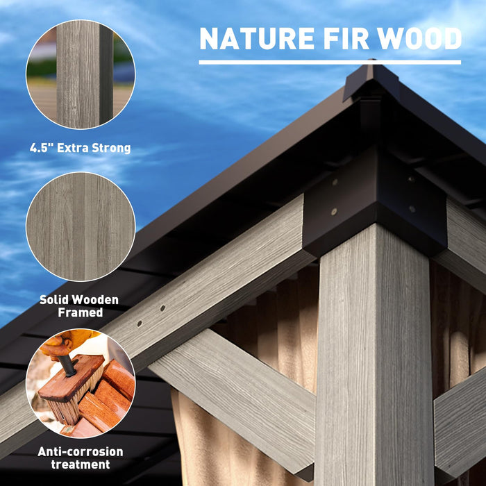 SUNBURY 10'x12' Outdoor Cedar Wood Gazebo, 2-Tier Metal Hardtop Wooden Frame Gazebo for Patio with Privacy Curtains and Mosquito Nettings for Gardens, Lawns, Backyard, Poolside (Grey Frame)