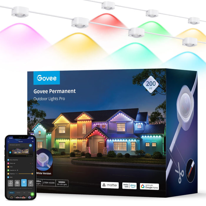 Govee Permanent Outdoor Lights Pro, 200ft with 120 RGBIC LED Lights for Daily and Accent Lighting, 75 Scene Modes for Outdoor Decor, IP67 Waterproof, Works with Alexa, Google Assistant, Matter, White