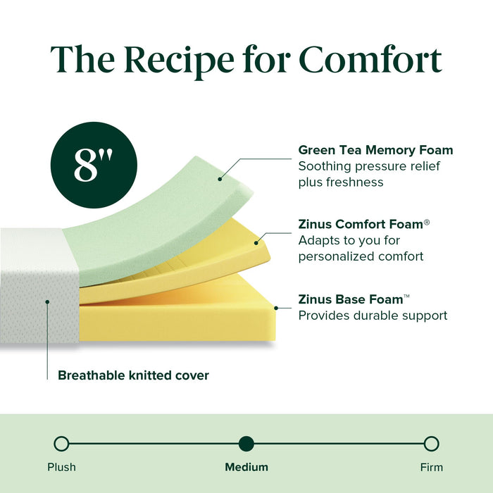 Zinus 8 Inch Short Queen Green Tea Memory Foam Mattress [New Version], Fiberglass Free, Medium Firm Feel, Zoned Pressure Relief, Certified Safe Foams & Fabric, Mattress in A Box
