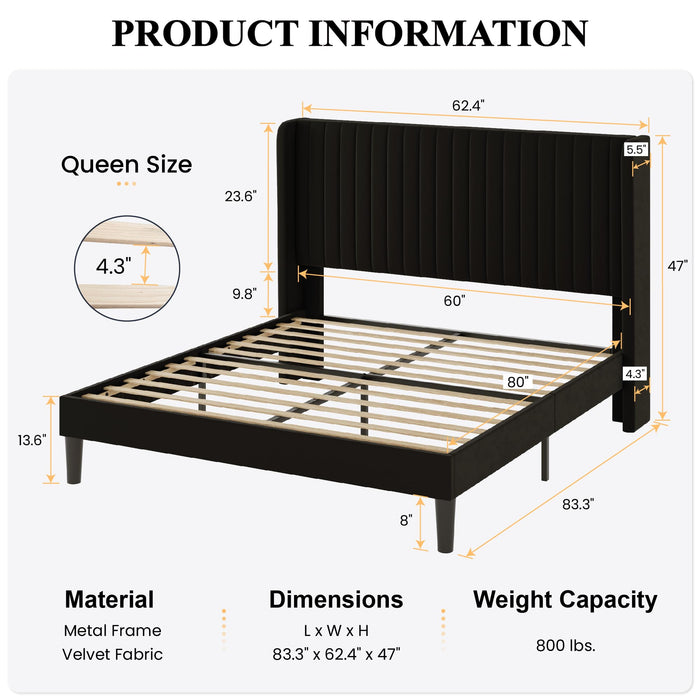 SHA CERLIN Queen Size Velvet Bed Frame with Vertical Channel Tufted Wingback Headboard, Upholstered Platform Bed with Wood Slats, No Box Spring Needed, Easy Assembly, Black