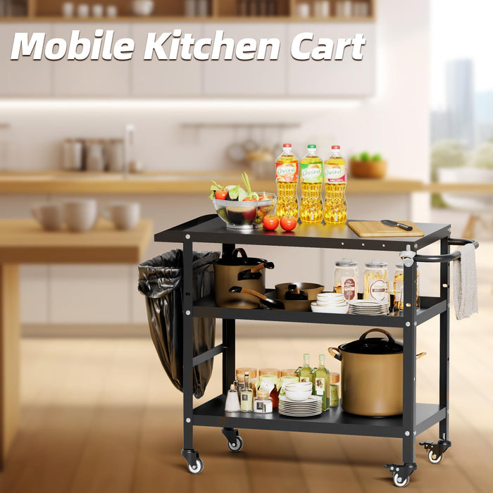 Xilingol Outdoor Grill Cart, Pizza Oven Stand Table with Wheels for Outside Patio, Heavy Duty Movable Outdoor Cooking Prep Table BBQ Cart for Backyard, Camping and Parties