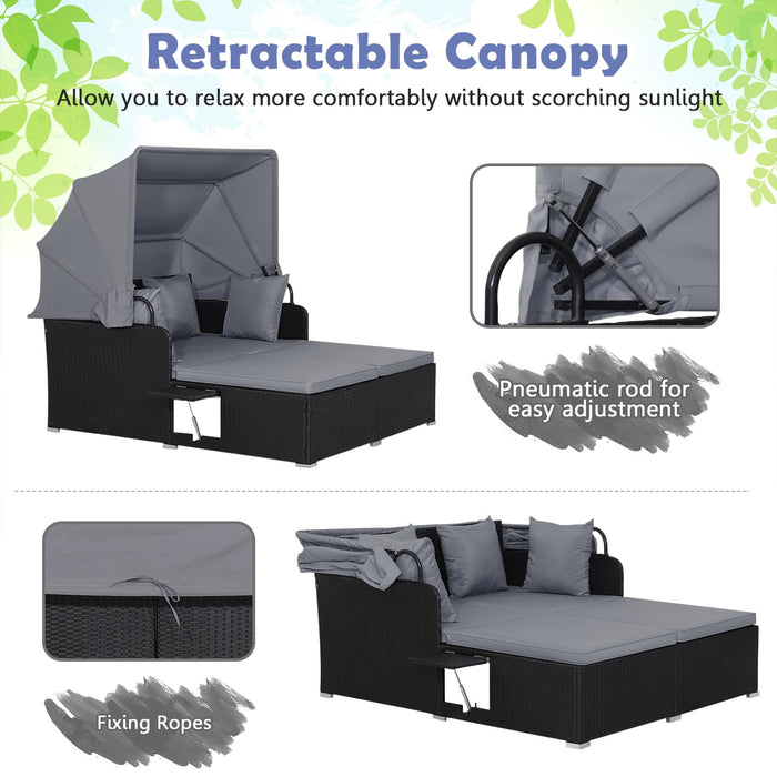Tangkula Patio Rattan Daybed with Retractable Canopy, Outdoor Wicker Sunbed Lounger with 2 Foldable Side Tables, Thick Seat & Back Cushions, Outside Double Daybed for Garden, Backyard, Porch (Grey)