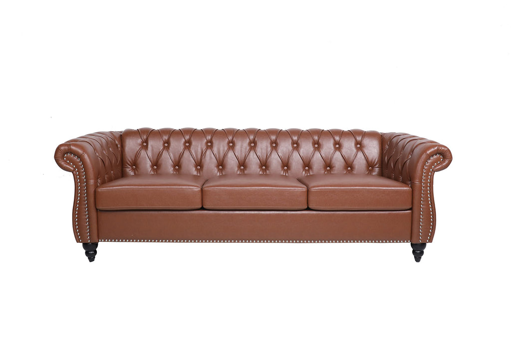 ONCIN Chesterfield Sofa Leather for Living Room, 3 Seater Sofa Tufted Couch Faux Leather with Rolled Arms & Nailhead for Living Room, Bedroom, Office, Apartment (Brown)