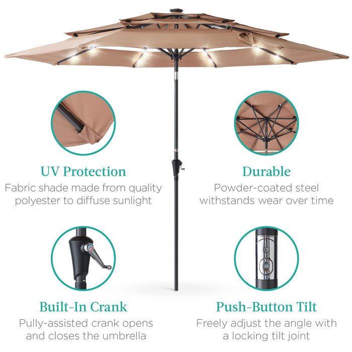 Best Choice Products 10ft 3-Tier Solar Patio Umbrella, Outdoor Market Sun Shade for Backyard, Deck, Poolside w/ 24 LED Lights, Tilt Adjustment, Easy Crank, 8 Ribs - Tan