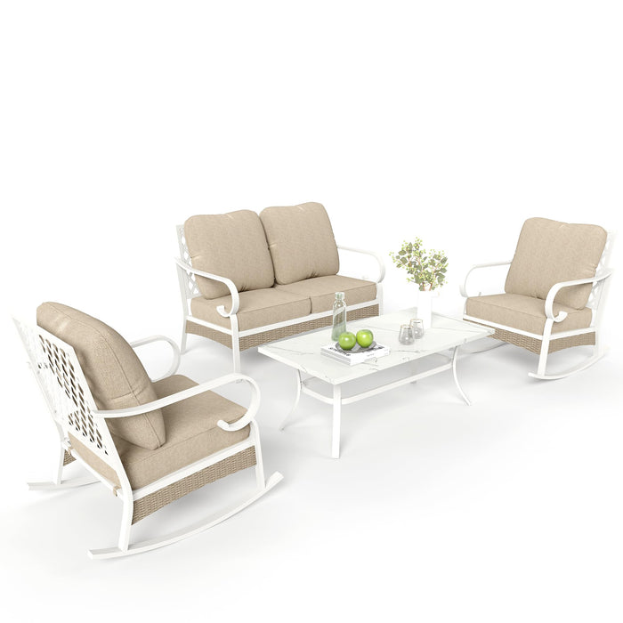 MIXPATIO 4 Piece Patio Furniture Set, 2 x Rocking Chair, 1 x 2-Seat Sofa with Marbling Coffee Table, All Cushioned 4 Seats Outdoor Conversation Set for Lawn Garden Backyard, Beige