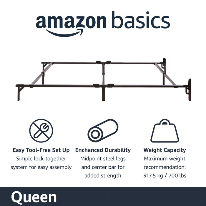 Amazon Basics Metal Bed Frame, 9-Leg Support Base for Box Spring and Mattress, Queen Size, Tool-Free Easy Assembly, 79.5" L x 59.5" W x 7" H, Black