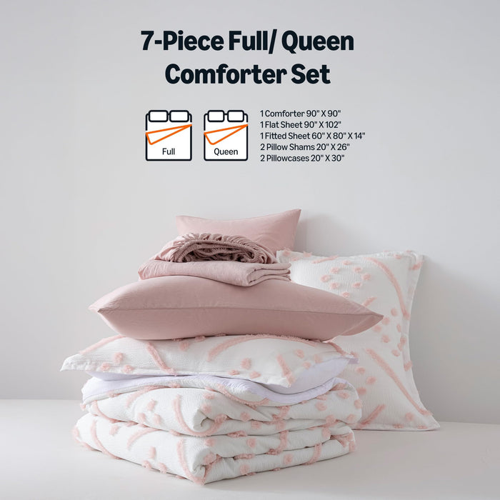 Amazon Basics Kids' Pink Bedding Set, 7-Piece Jacquard Microfiber Bed-in-a-Bag with Comforter, Fitted Sheet, Flat Sheet, Pillowcases, Pillow Shams, Deep Pocket 16", All-Season, Pink Tufted, Full/Queen