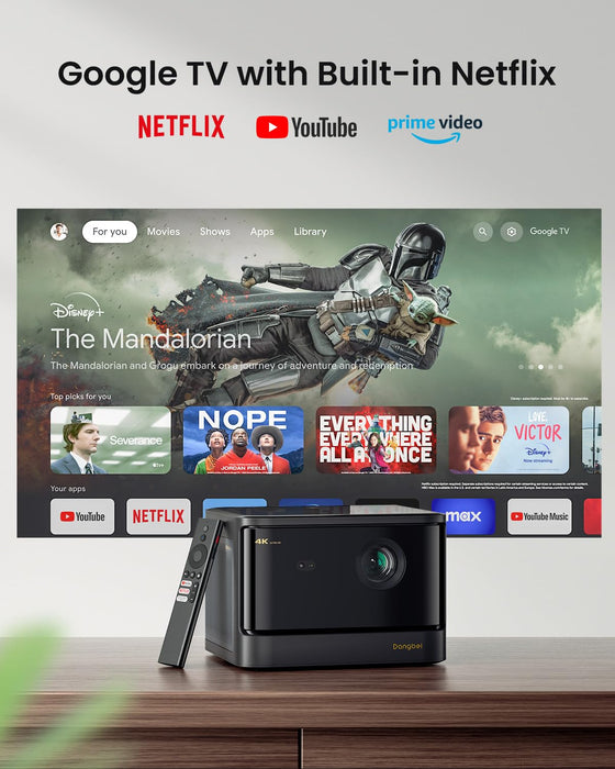 Dangbei DBOX02 4K Laser Projector GTV, 2450 ISO Lumens, Netflix Officially Licensed Home Theater Projector with WiFi and Bluetooth, HDR10+, 200-inch Picture, 2x12W DTS:X and Dolby Audio