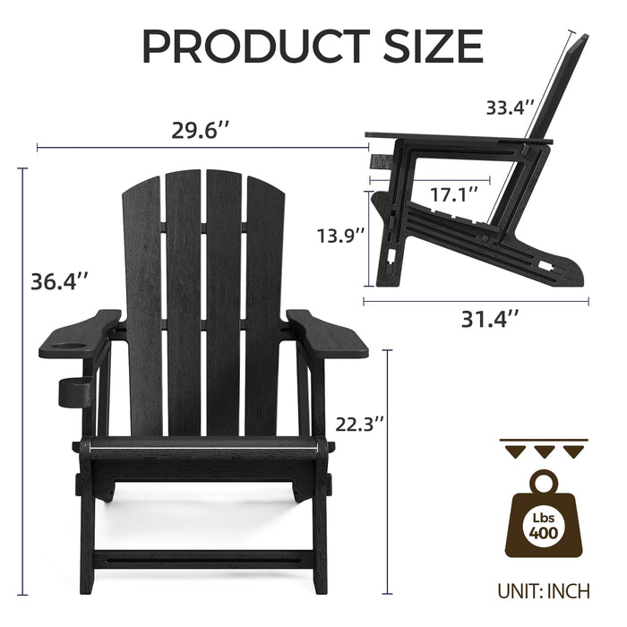 FONTOI Adirondack Chairs Set of 2, Plastic Patio Chair with Cup Holder, Outdoor Funiture for Backyard Garden Lawn Beach, 400 LBS Capacity, Black