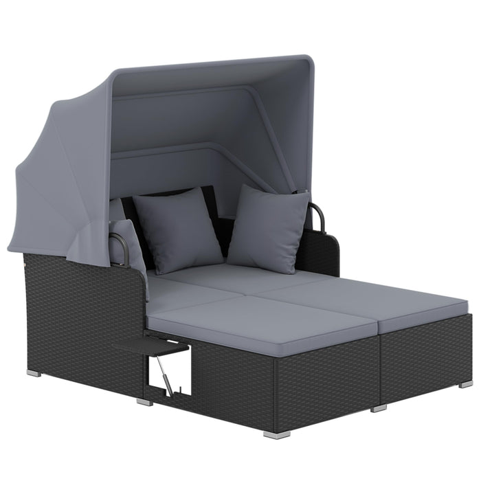 Tangkula Patio Rattan Daybed with Retractable Canopy, Outdoor Wicker Sunbed Lounger with 2 Foldable Side Tables, Thick Seat & Back Cushions, Outside Double Daybed for Garden, Backyard, Porch (Grey)
