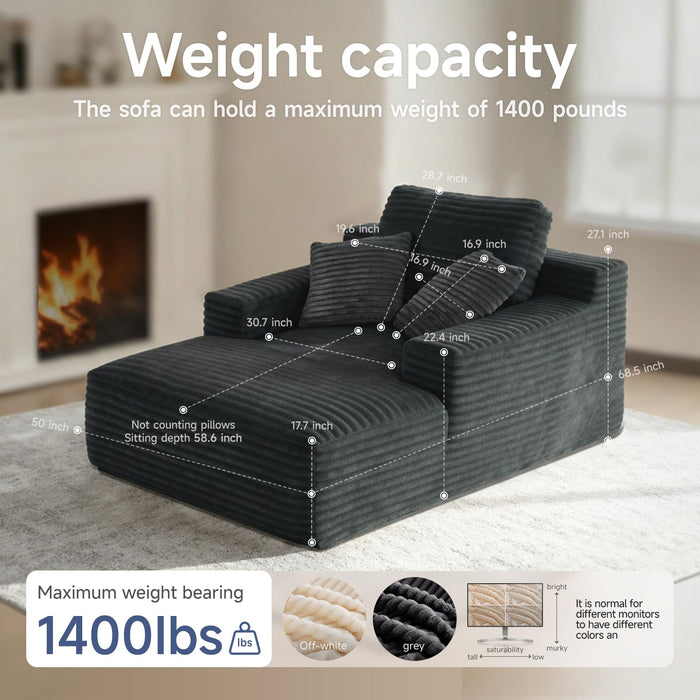 68'' Chaise Lounge Chair Indoor, Corduroy Upholstered Boneless Sofa Bed, Deep Seat Sleeper Couch Reading Chairs, Small Comfy Cloud Sofas Couches for Living Room, Bedroom, Movie Room (Dark Grey)