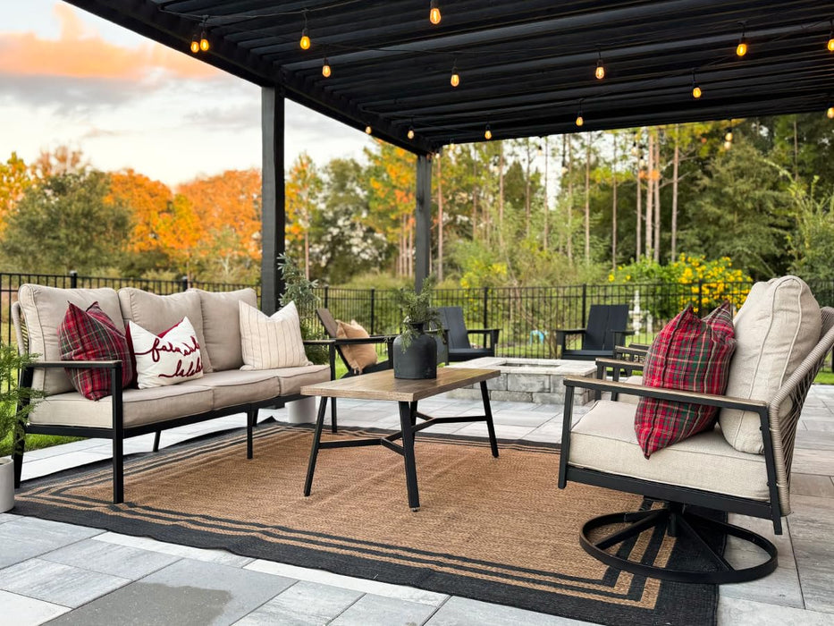 MIXPATIO 4 PCS Outdoor Patio Furniture Set, 3-Seater Sofa, Highback Swivel Chair with 5.5" Extra Thick Cushion & Coffee Table, All Weather Patio Conversation Set for Lawn Deck Backyard, Cream/Beige