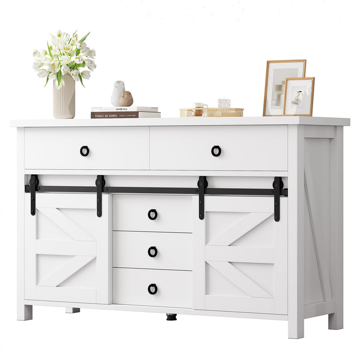 YITAHOME 54" Farmhouse Dresser for Bedroom, Large Modern Chest of Drawers, Wood Rustic Dresser TV Stand with 5 Drawers & 2 Sliding Barn Doors for Living Dining Room, Entryway, Hallway, White