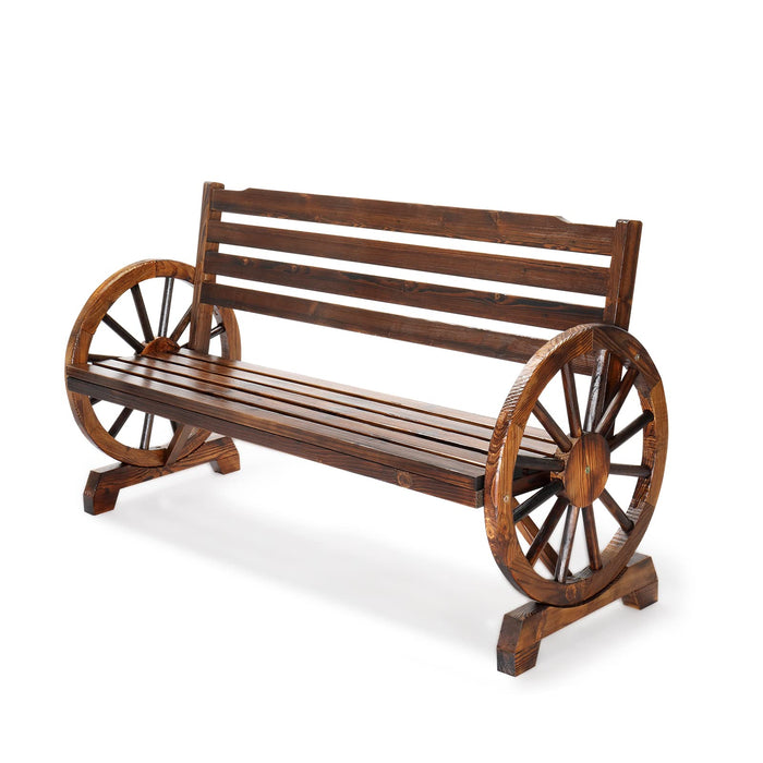VINGLI Rustic Wooden Wheel Bench Outdoor Bench, Patio Bench Wagon Slatted Seat, Garden Benches for Outdoors 350lbs High Capacity, Weather Resistance (Rustic, 55in)