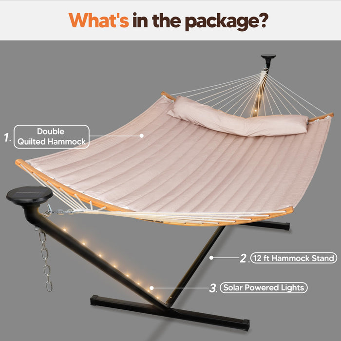 SUNCREAT Hammocks Outdoor 2 Person Hammock with Solar Powered Lights, Tan