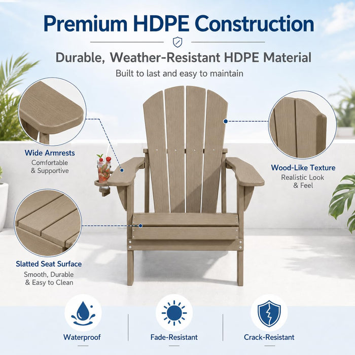 Patio Kingdom Folding Adirondack Chairs Set of 6 with Cup Holders, Heavy Duty HDPE Plastic Outdoor Chairs, Weather Resistant Heavyweight Patio Furniture Set for Deck, Fire Pit, Backyard, Brown