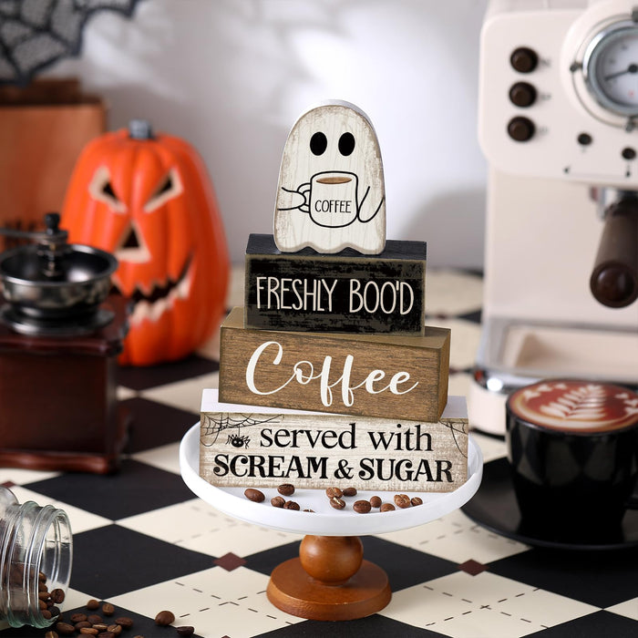 Lineshading 4 Pcs Halloween Coffee Table Decor Wooden Ghost Coffee Bar Sign
