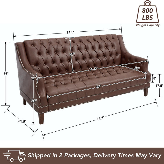 chairus Mid Century Modern 74.5" Faux Leather Sofa, 3 Seater Tufted Upholstered Couch with High Back & Nailhead Trim, Chesterfield Sofa for Living Room Bedroom Apartment Office, Brown PU
