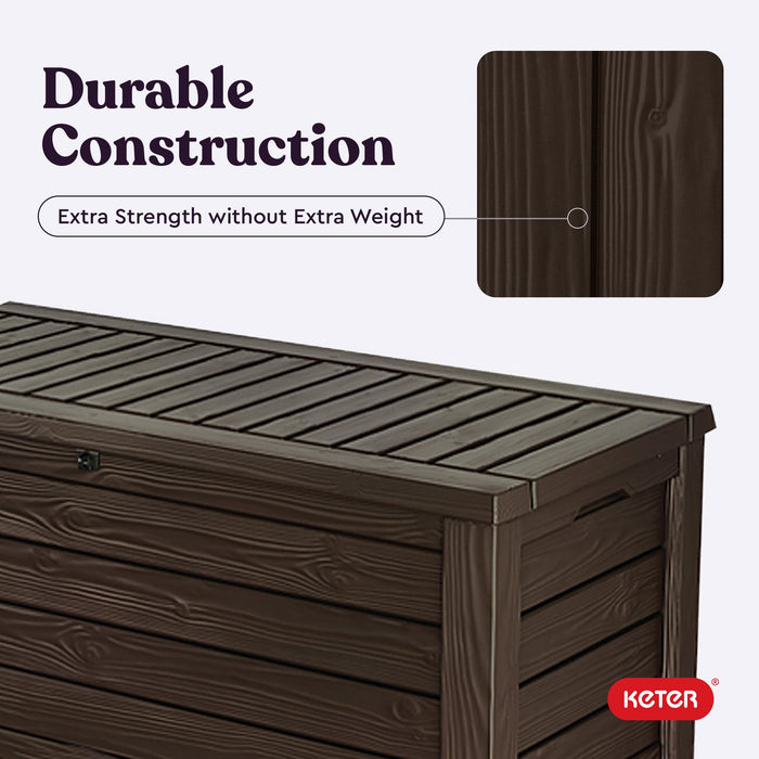 Keter Westwood 150 Gallon Deck Box Organizer, Doubles as 2-Person Bench Seat, Brown – Large Resin Outdoor Storage and Seating with Lockable Lid for Garden, Pool, and Patio