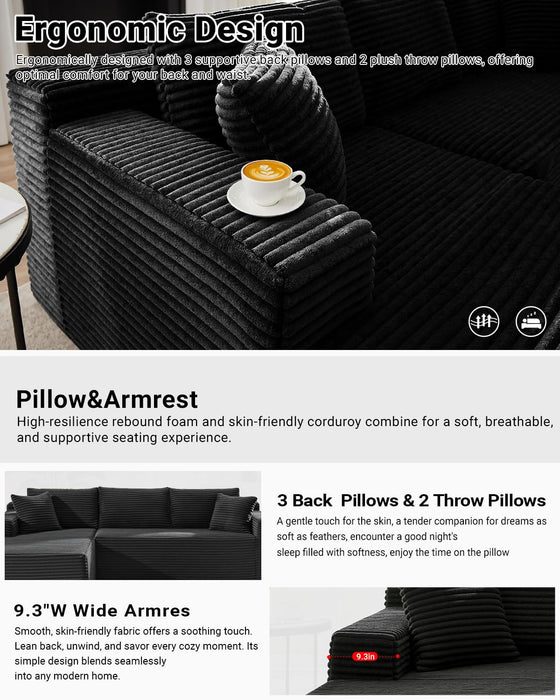 105 Inch Cloud Sectional Couch,Modern Modular Sectional Sofa with Deep Seat,Corduroy Boneless Couches with L-Shape Chaise for Living Room Bedroom,No Assembly Required (Black, Left Facing Chaise)