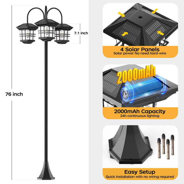 76" Classic Black Solar Lamp Post Lights - 3-Head Waterproof Outdoor Street Lights, Pole Light Decorative Lamp for Backyard, Garden, Driveway, Lawn (LED Bulbs Included)