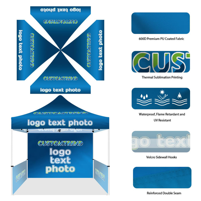 CUSTOMTREND Custom Canopy Tent 10x15 with Logo, Personalized Pop Up Tent Canopy for Tradeshow, Outdoor Events, Advertising, Roller Bag Included (1 Full Wall + 2 Half Walls)