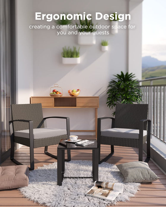 Qsun 3 Pieces Patio Furniture Set Rocking Bistro Set Outdoor Rattan Conversation with Coffee Table for Garden Balcony Backyard Poolside (Grey Cushion)