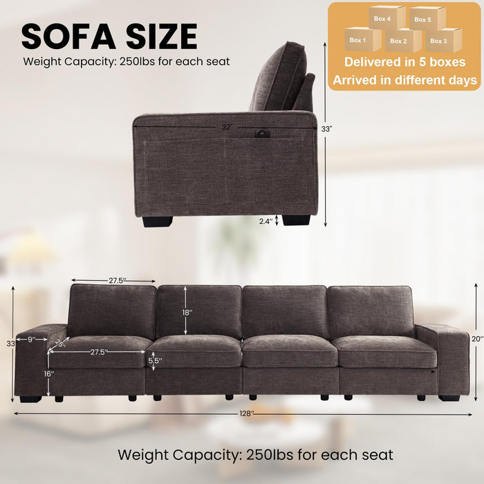 TEKAMON 128" Modular Sofa Couch with Seat Storage, Modern Comfy Long 4-Seater Chenille Couch for Living Room, Office, Apart W/Deep Seat, Wide Armrest, USB Port, Side Pockets, Washable Covers (DkGrey)