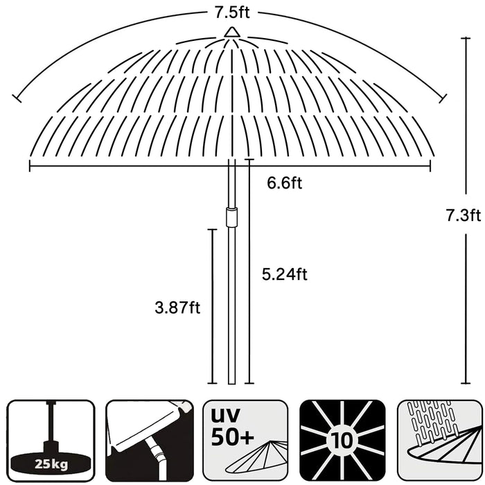 AMMSUN 7.5ft Hula Thatched Tiki Patio Beach Umbrella Hawaiian Style 10 Ribs UPF 50+ with Tilt Carry Bag for Outdoor Tiki Bar, Tropical Palapa, Patio Garden Beach Pool Backyard Natural Color