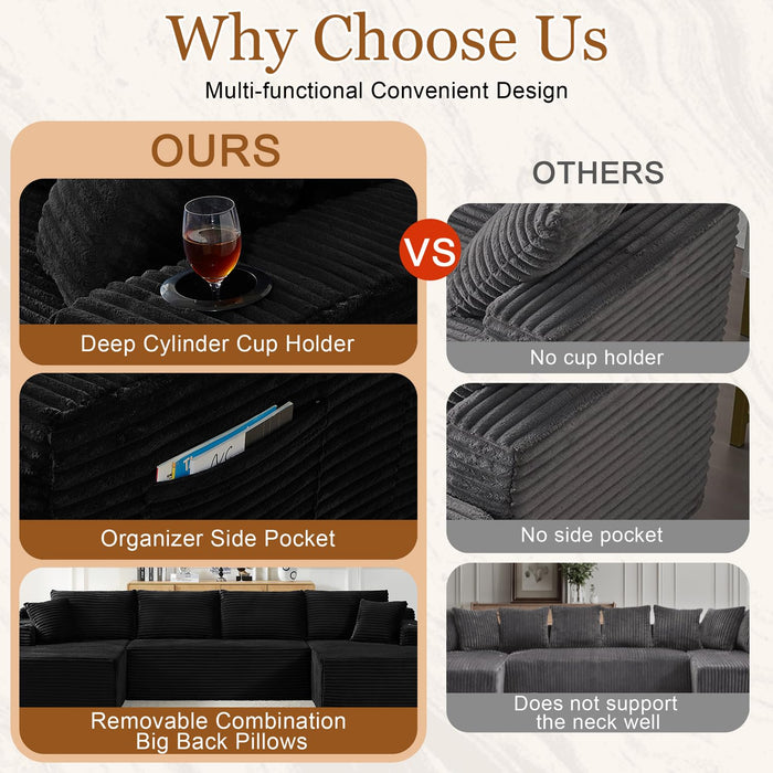 134 Inch Modular Sectional Sleeper Sofa, Boneless Cloud Couch for Living Room, U Shaped 5 Seat Sofa with 2 Storage Pockets& 2 Cup Holders, Free Combination, No Assembly Required (Black)