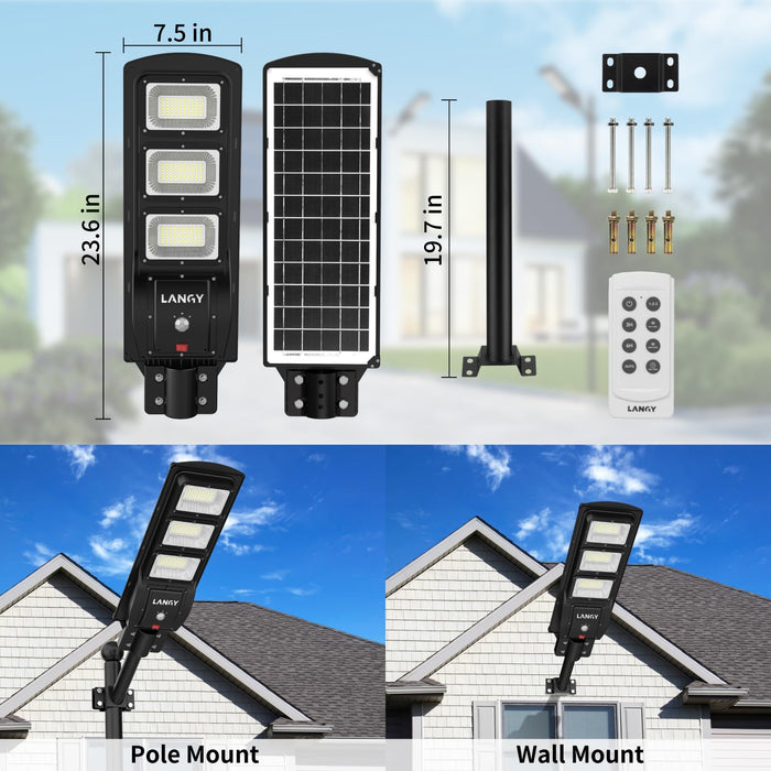 LANGY Solar Street Light Outdoor, Upgraded Solar Parking Lot Lights Dusk to Dawn, IP67 Waterproof 6500K 18000LM, Solar Street Light Motion Sensor with Remote Control for Commercial, Yard (2Pack)