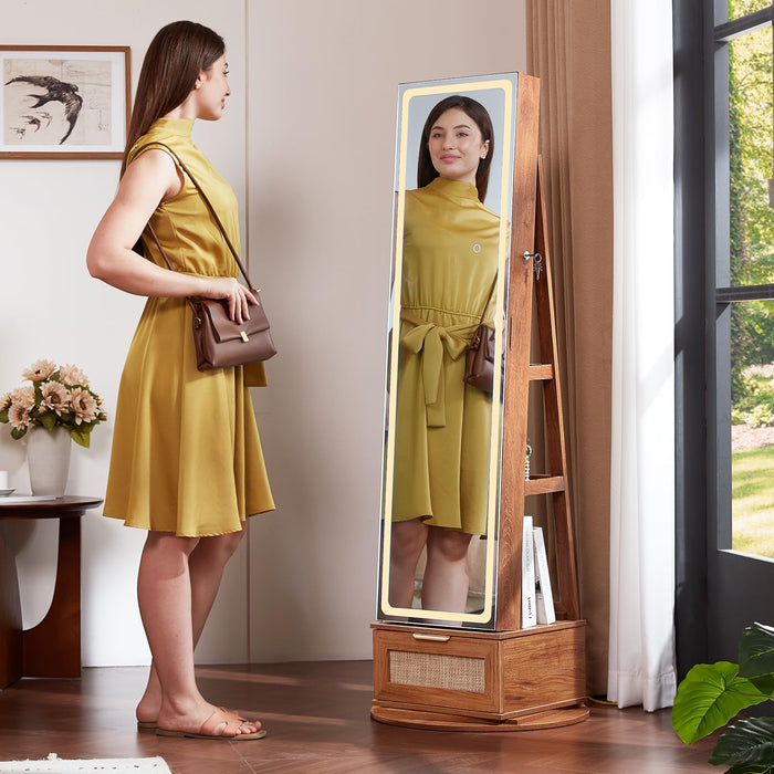 Joaxswe Rattan 360° Swivel Jewelry Armoire Standing with Full Length Mirror
